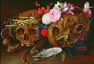 Vanitas Still Life com crânios, flores, uma concha de mexilhão de pérola, uma bolha e palha